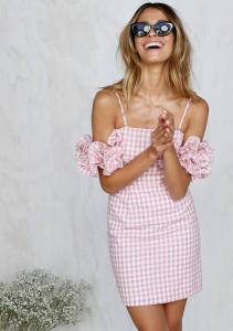  2018 New Arrivals Clothing Ruffled Sleeve Pink Gingham Women Dresses Summer Manufactures