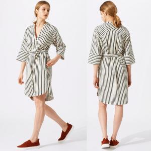 New Design Relaxed Fit Deep V-neckline Stripe Linen Dress for Woman Manufactures