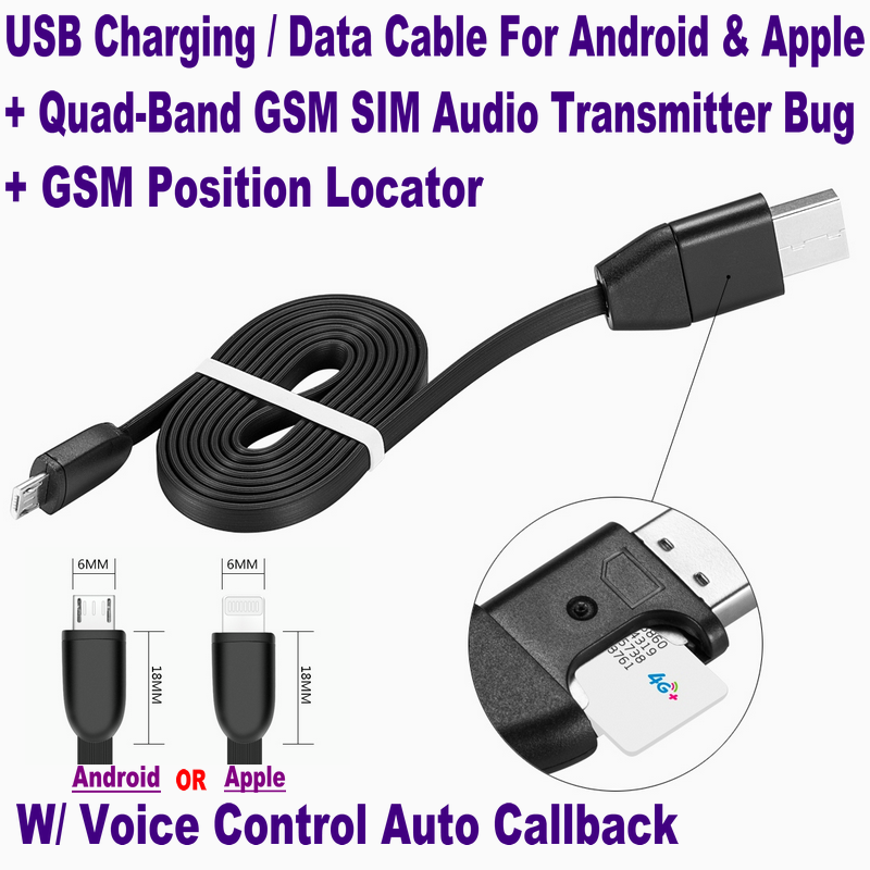 New 3-In-1 USB Data Cable Android/iPhone+Hidden Spy GSM Remote Audio Listening Bug+GPS Tracking Position GSM Locator