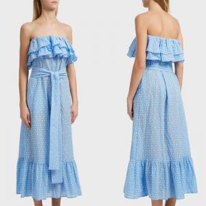  Women Blue Cotton Off Shoulder Floral Embroidery Ruffle Dress Women Manufactures