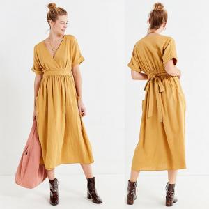  Latest Gold Linen Maxi Long Wrap V-neck Woman Dress with Pockets Manufactures