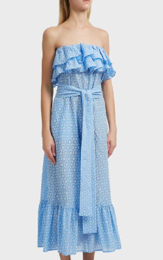 Women Blue Cotton Off Shoulder Floral Embroidery Ruffle Dress Women