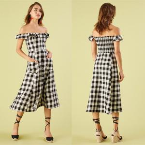  Black and white checked off shoulder dress Manufactures