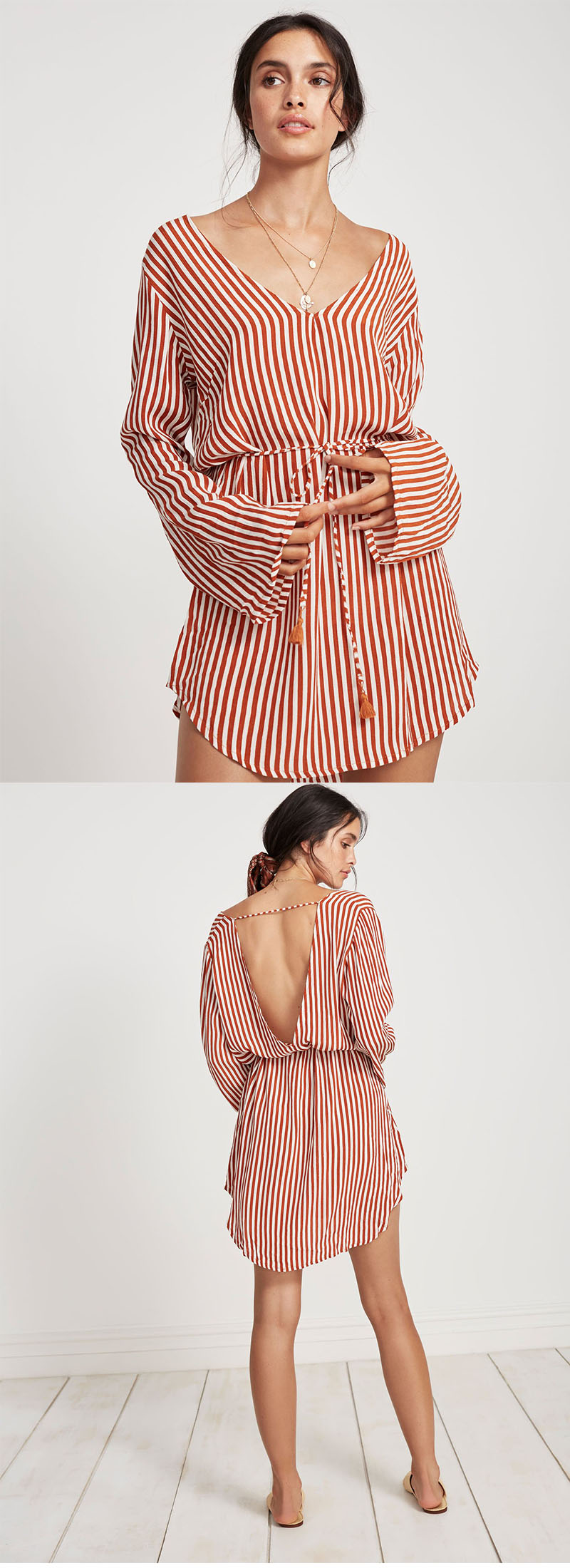 Summer Wholesale Design Striped Long Sleeve Casual Woman Dress