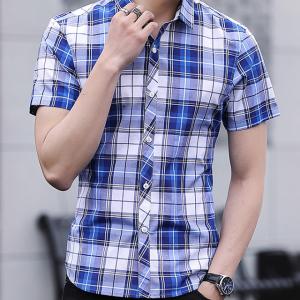 China Slim Fit Checkered Pattern Mens Casual Dress Shirts Short Sleeve Fast Drying on sale