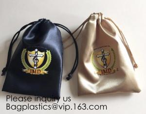  Full Color Printing Gold and Black Satin Drawstring Bag, Silver Satin Drawstring Bag With Wide Ribbon,Virgin Hair pack Manufactures