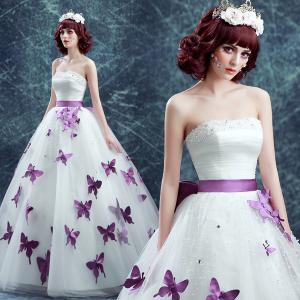 China Off The Shoulder Purple Sashes Purple Butterfly Floor Length Organza Wedding Dress TSJY174 on sale