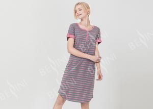 China Polyester Cotton Jersey Ladies Night Dresses Sleepwear Short Sleeve Yarn Dyed Striped on sale