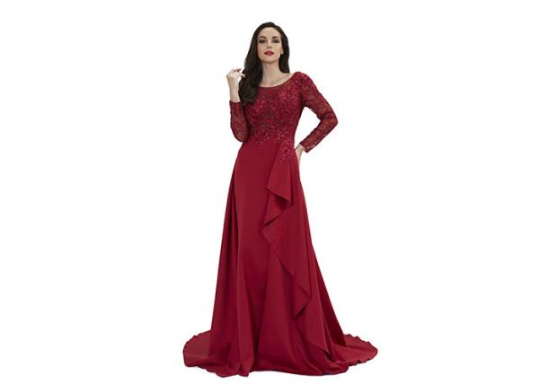 Quality Women Clothes O Neck China Red Long Sleeve Evening Gowns / Applique Maxi Dress for sale
