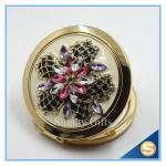 Shinny Gifts Luxury Rhinestone Flower Design Metal Compact Mirror Small Makeup