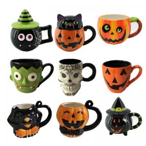  Custom Ceramic Hand-painted Halloween Coffee Mug Creative 3D Embossed Cat Pumpkin Ghost Skull Witch Monster Mugs Manufactures