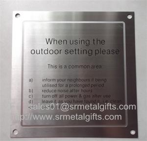 China Satin brushed stainless steel warning sign plate with screw holes, on sale