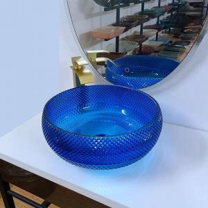  Italian Design Blue Glass Sink Bowl 16.5 Inch Round Glass Above Counter Basin Manufactures