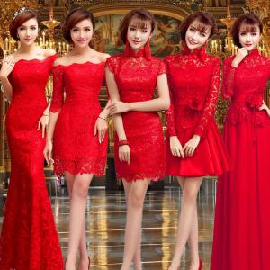 Chinese Style Red Lace Bridal Dress Boat Neck Gorgeous Evening Dress TSJY094 Manufactures