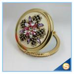 Shinny Gifts Luxury Rhinestone Flower Design Metal Compact Mirror Small Makeup
